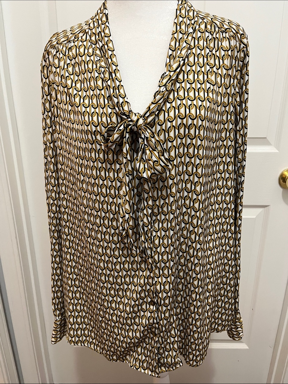 Rachael Ray White, Gold & Black Geometric Tie-Neck Blouse